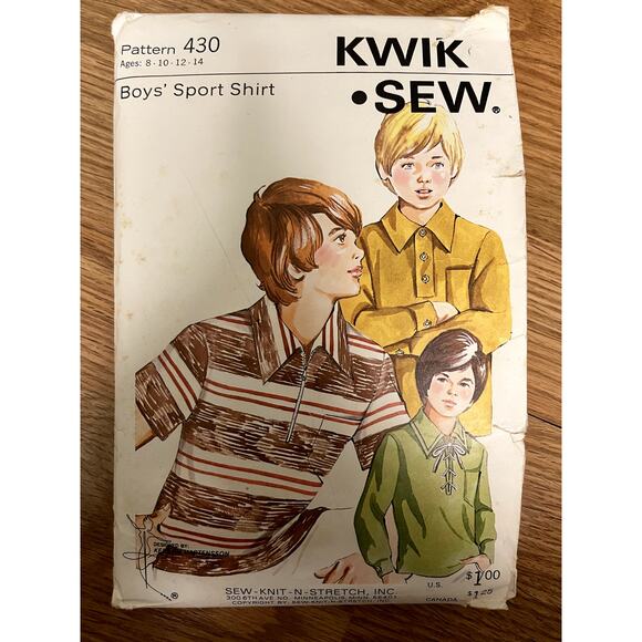 UNCUT Vintage 1970s Kwik Sew 430 Sewing Pattern Boy Size XS - XL Sport Shirt - Picture 1 of 2
